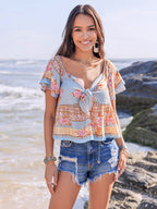 Printed Sweetheart Neck Layered Short Sleeve Blouse