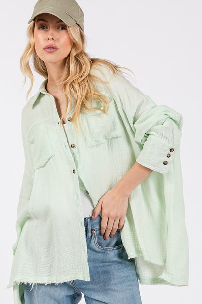 SAGE + FIG Frayed Hem Button-Down Shirt with Side Slits Light Green