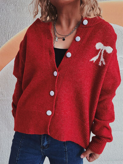 Bow-Detail Round Neck Button-Up Long Sleeve Cardigan