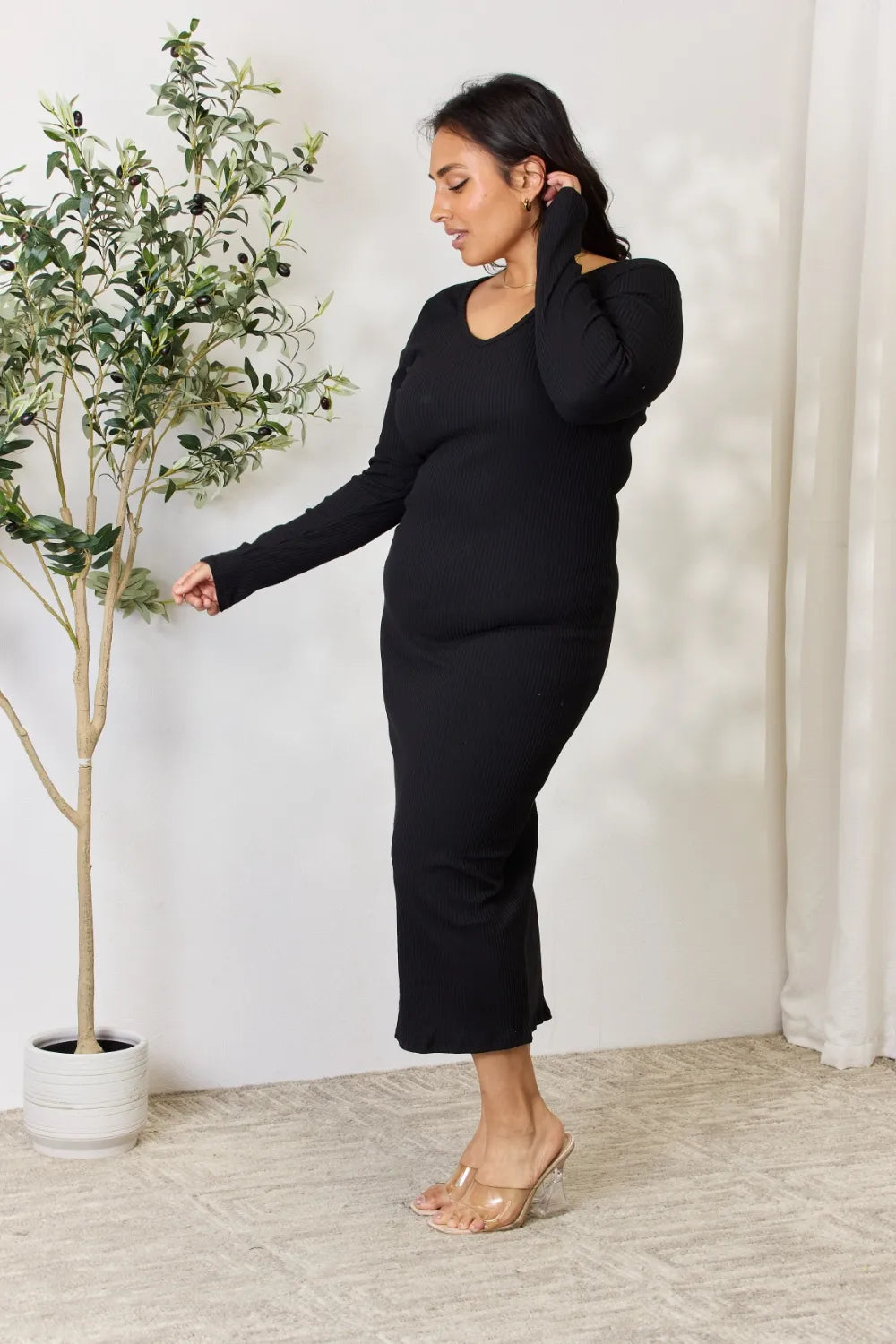 Culture Code Ribbed Slit Midi Dress â€“ Full Size