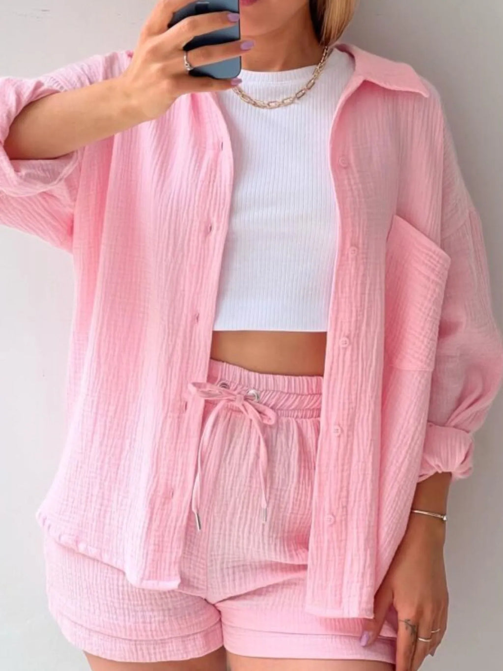 Chic Textured Button-Up Shirt & Shorts Two-Piece Set