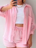 Chic Textured Button-Up Shirt & Shorts Two-Piece Set