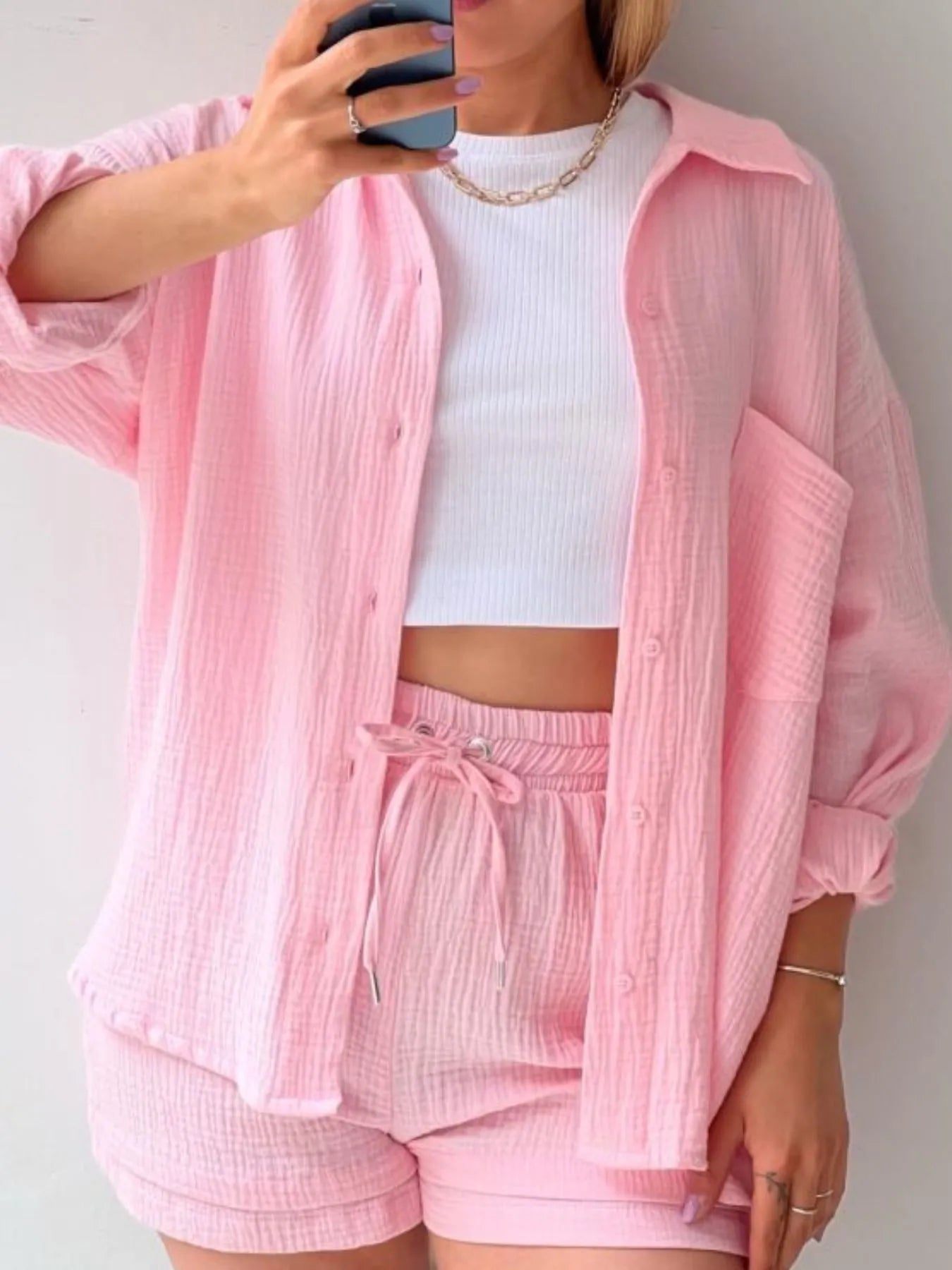 Chic Textured Button-Up Shirt & Shorts Two-Piece Set