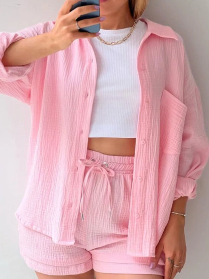 Chic Textured Button-Up Shirt & Shorts Two-Piece Set