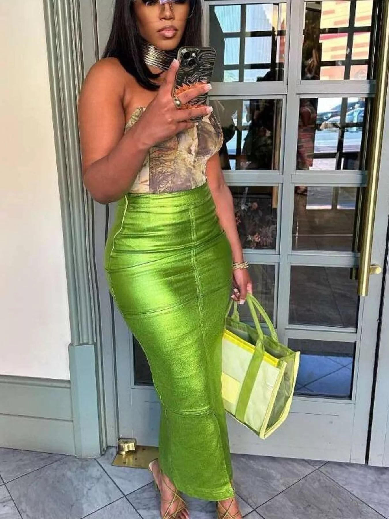 Shimmer Side-Slit Bodycon Maxi Skirt