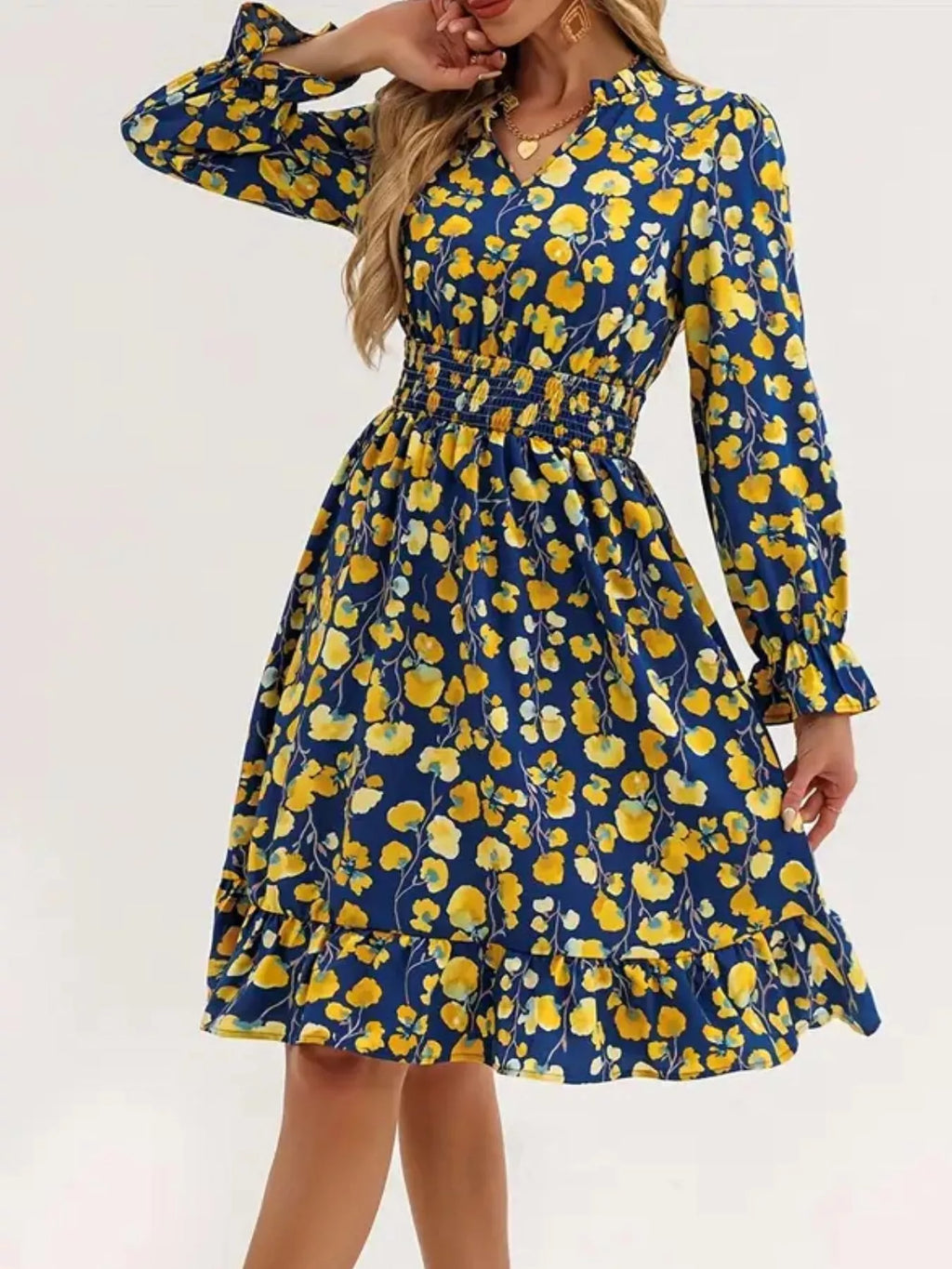 Floral Smocked Ruffled Flounce Sleeve Midi Dress