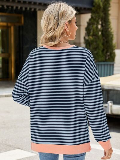 Chic Striped Slit Detail Long Sleeve Sweatshirt