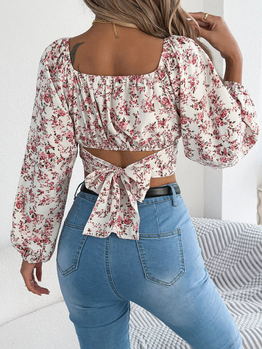 Floral Square Neck Ruched Crop Blouse with Balloon Sleeves