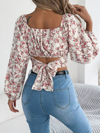 Floral Square Neck Ruched Crop Blouse with Balloon Sleeves