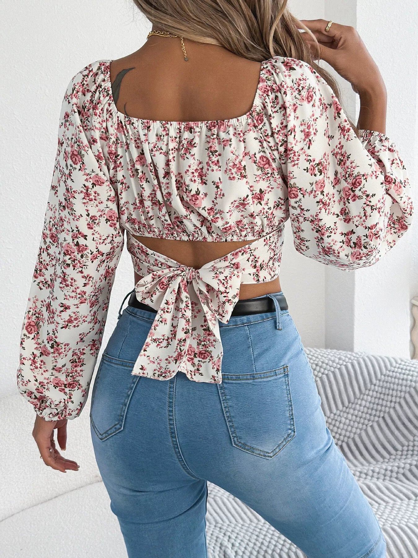 Floral Square Neck Ruched Crop Blouse with Balloon Sleeves