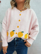 Chic Lemon Pattern Button-Up Cardigan – Playful Knitwear for Everyday Style