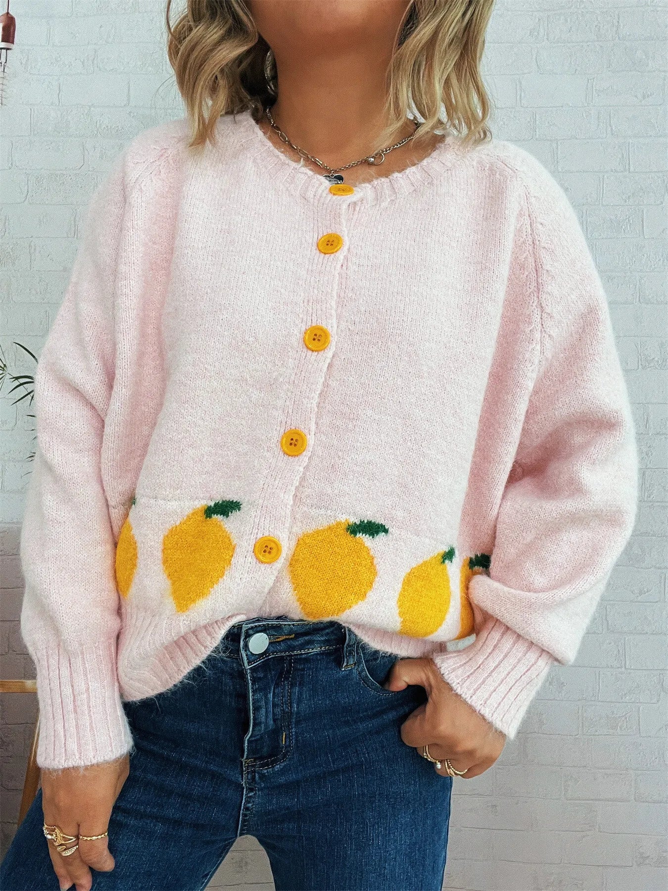 Chic Lemon Pattern Button-Up Cardigan – Playful Knitwear for Everyday Style