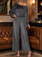 Elegant Glitter One-Shoulder Long Sleeve Wide-Leg Jumpsuit Gray