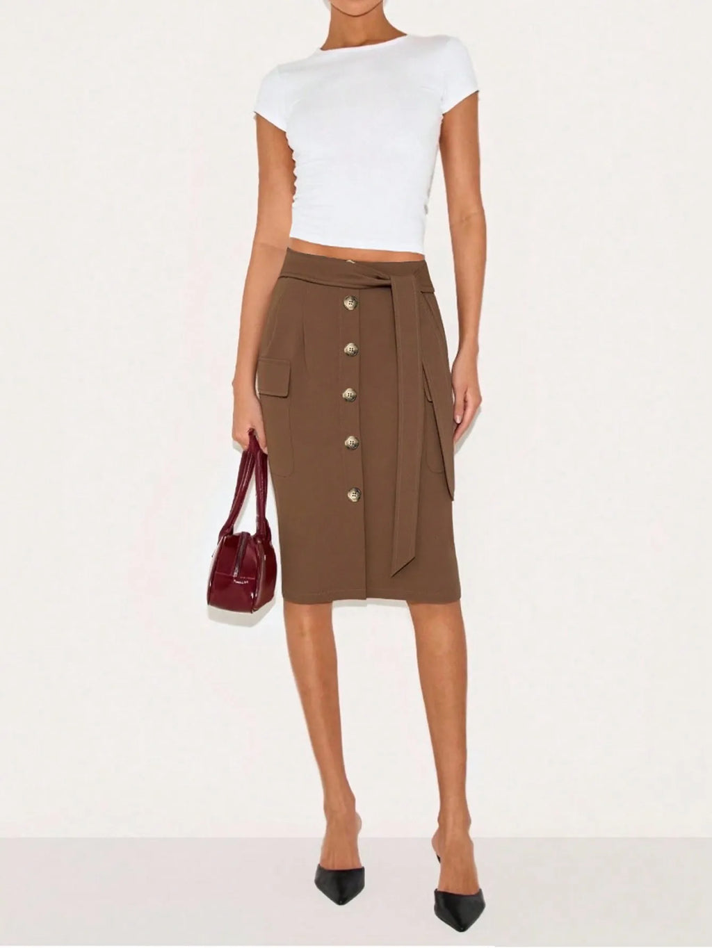 Button Detail Belted Cargo Skirt