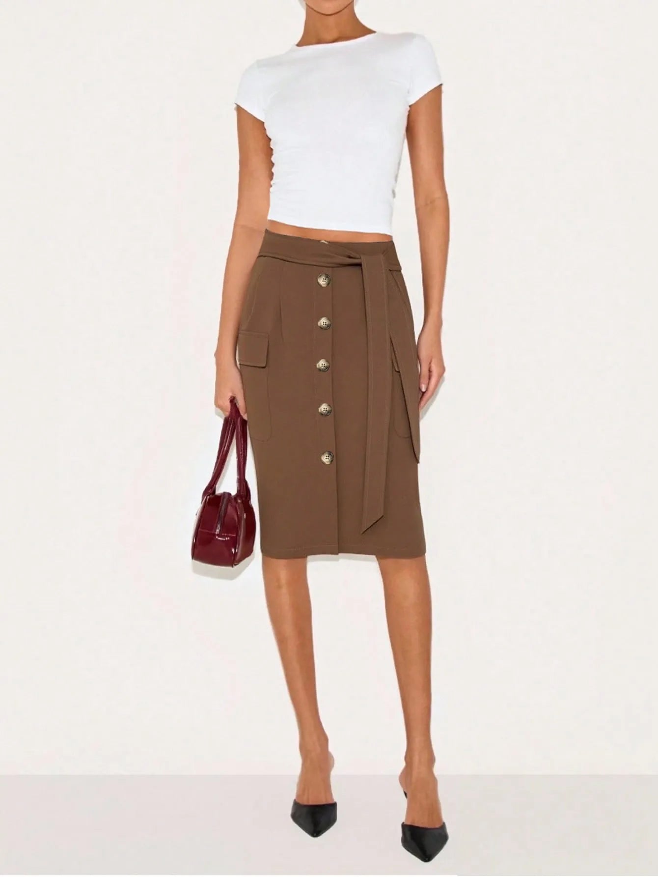 Button Detail Belted Cargo Skirt