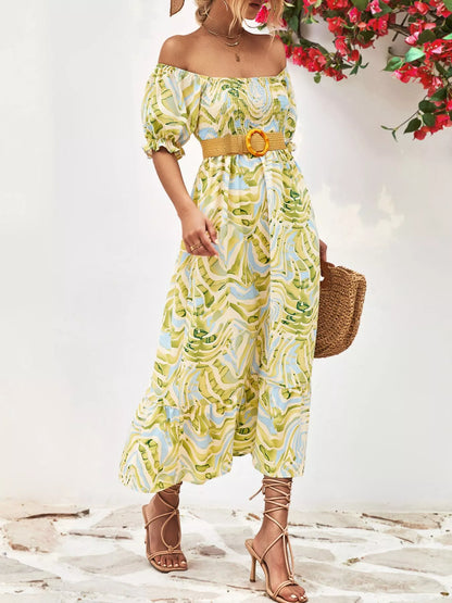 Elegant Smocked Printed Puff Sleeve Midi Dress