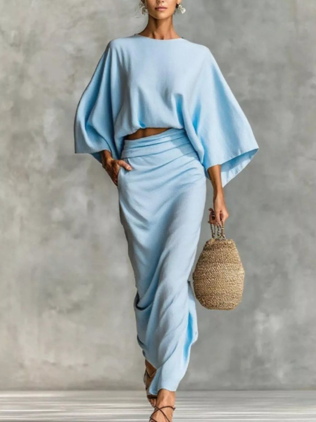 Full-Size Kimono Sleeve Top & Ruched Skirt Co-Ord Set Light Blue