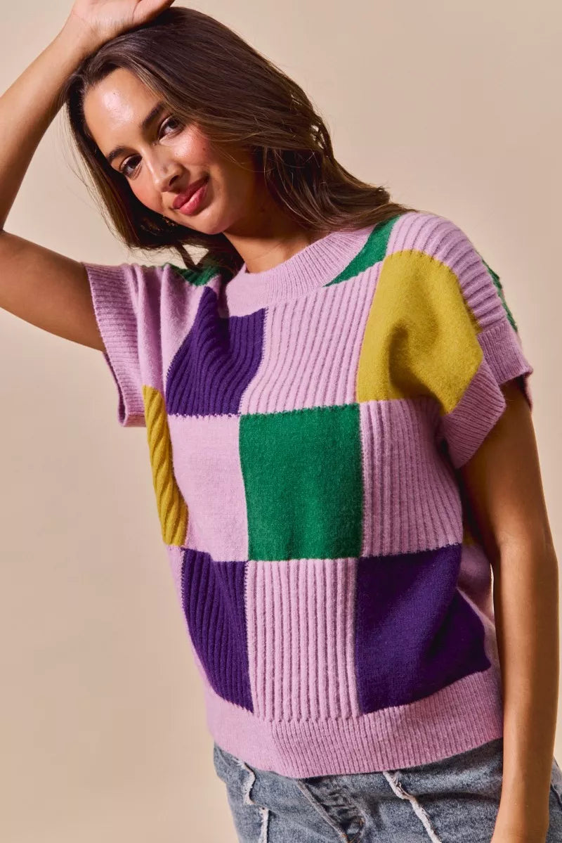 SO ME Mardi Gras Check Plaid Casual Knit Sweater Top