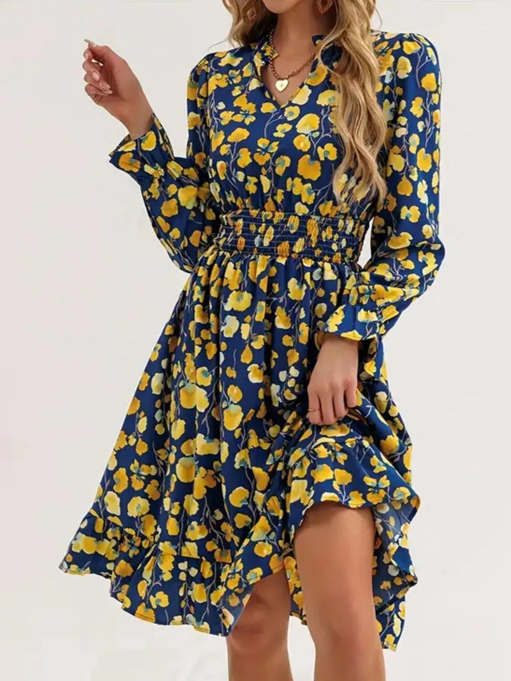 Floral Smocked Ruffled Flounce Sleeve Midi Dress