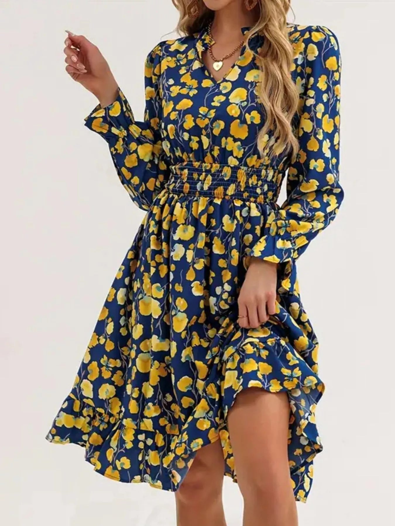 Floral Smocked Ruffled Flounce Sleeve Midi Dress