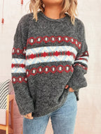 Contrast Color Round Neck Drop Shoulder Sweater Dark Gray One size