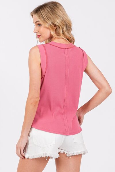 Ces Femme Stitch Detail Half-Button Ribbed Tank