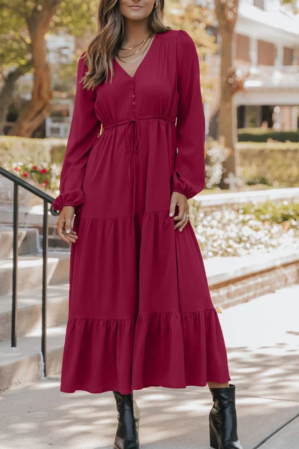 Leopard-Trim Notched Neck Puff-Sleeve Shift Mini Dress