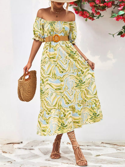 Elegant Smocked Printed Puff Sleeve Midi Dress Lime Yellow