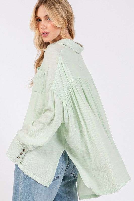 SAGE + FIG Frayed Hem Button-Down Shirt with Side Slits