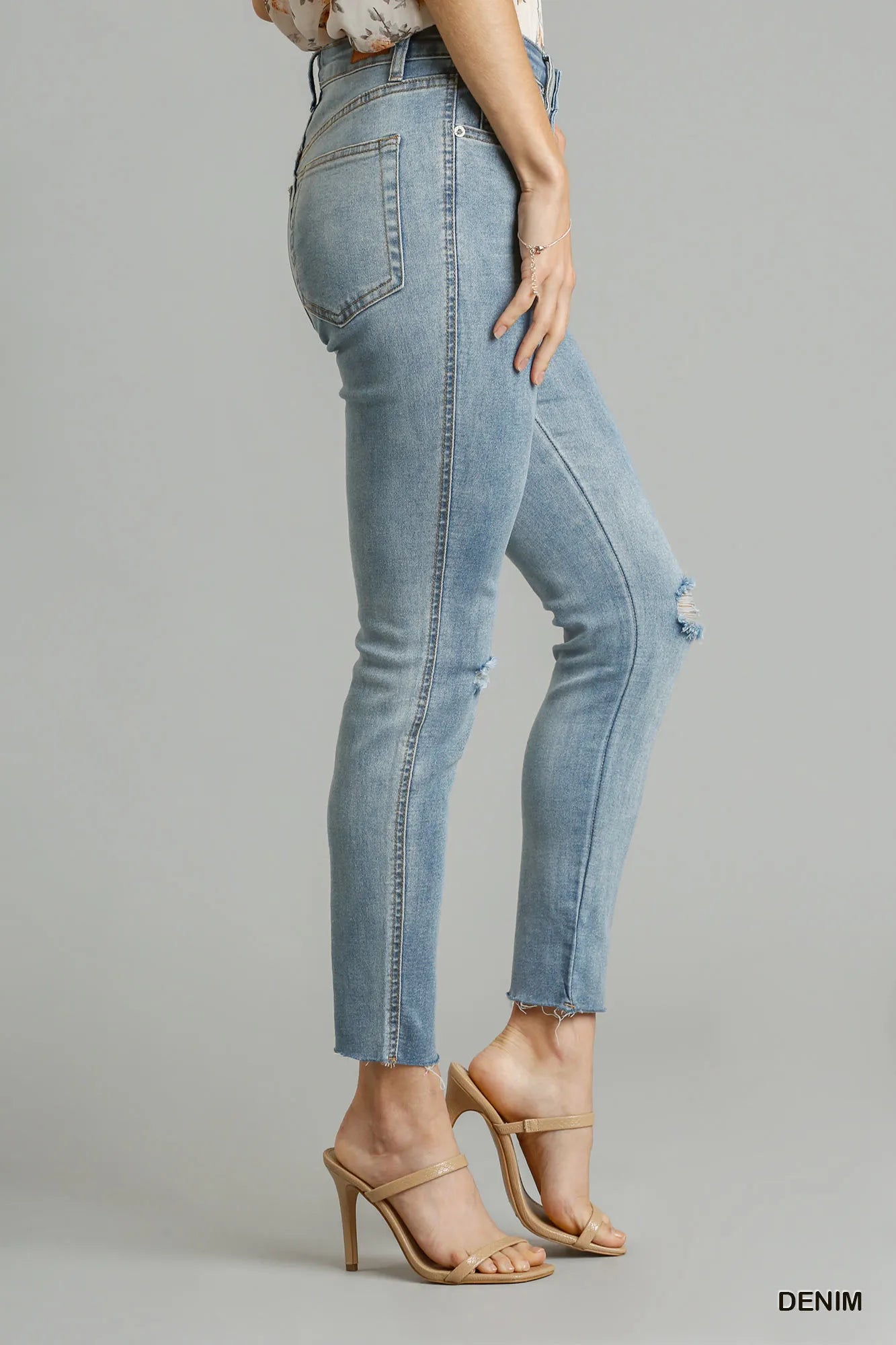 Umgee Distressed Stretch Denim Skinny Jeans with Raw Hem