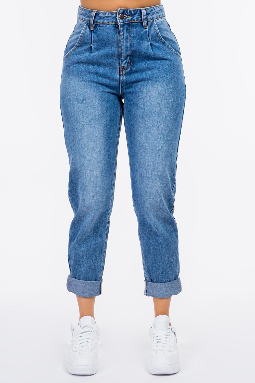 American Bazi Pleated High-Waist Jeans Blue