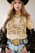 LIVE YOUR BEST LIFE Western Graphic T-Shirt - Trendy & Comfortable Beige