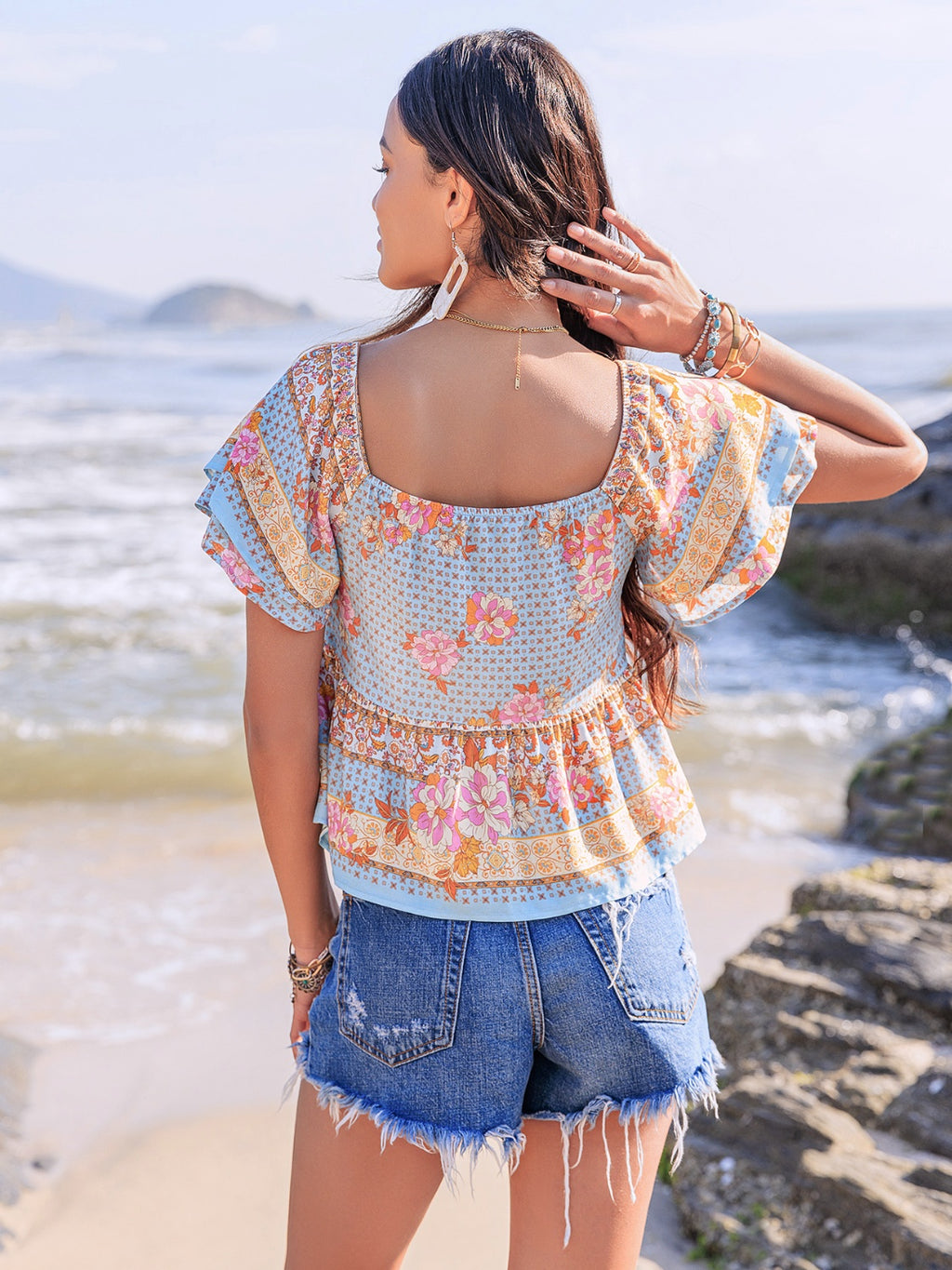 Printed Sweetheart Neck Layered Short Sleeve Blouse