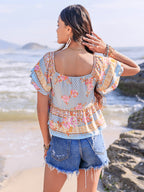 Printed Sweetheart Neck Layered Short Sleeve Blouse