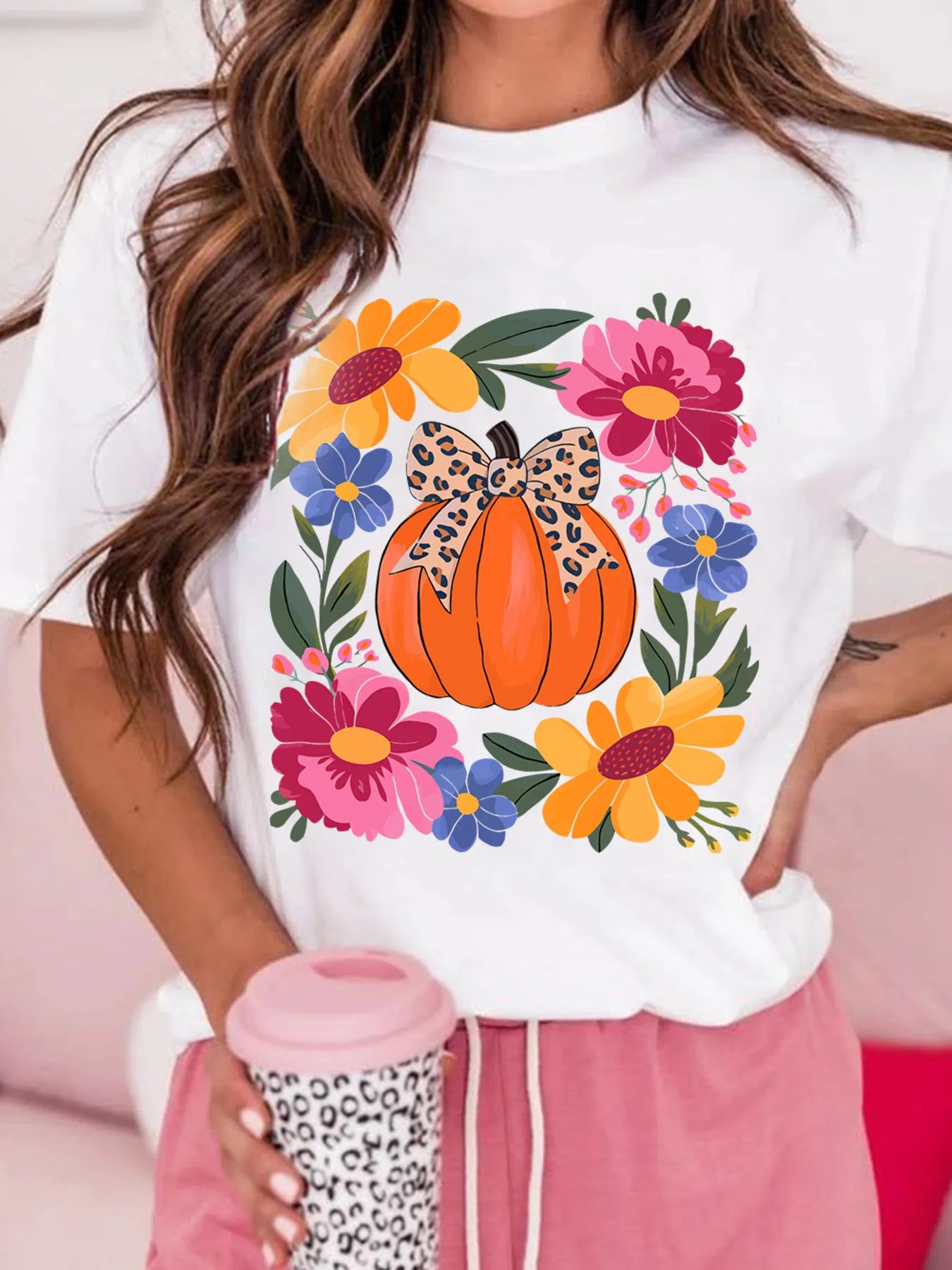 Pumpkin Floral Graphic Round Neck T-Shirt â€“ Soft Stretch & Everyday Style