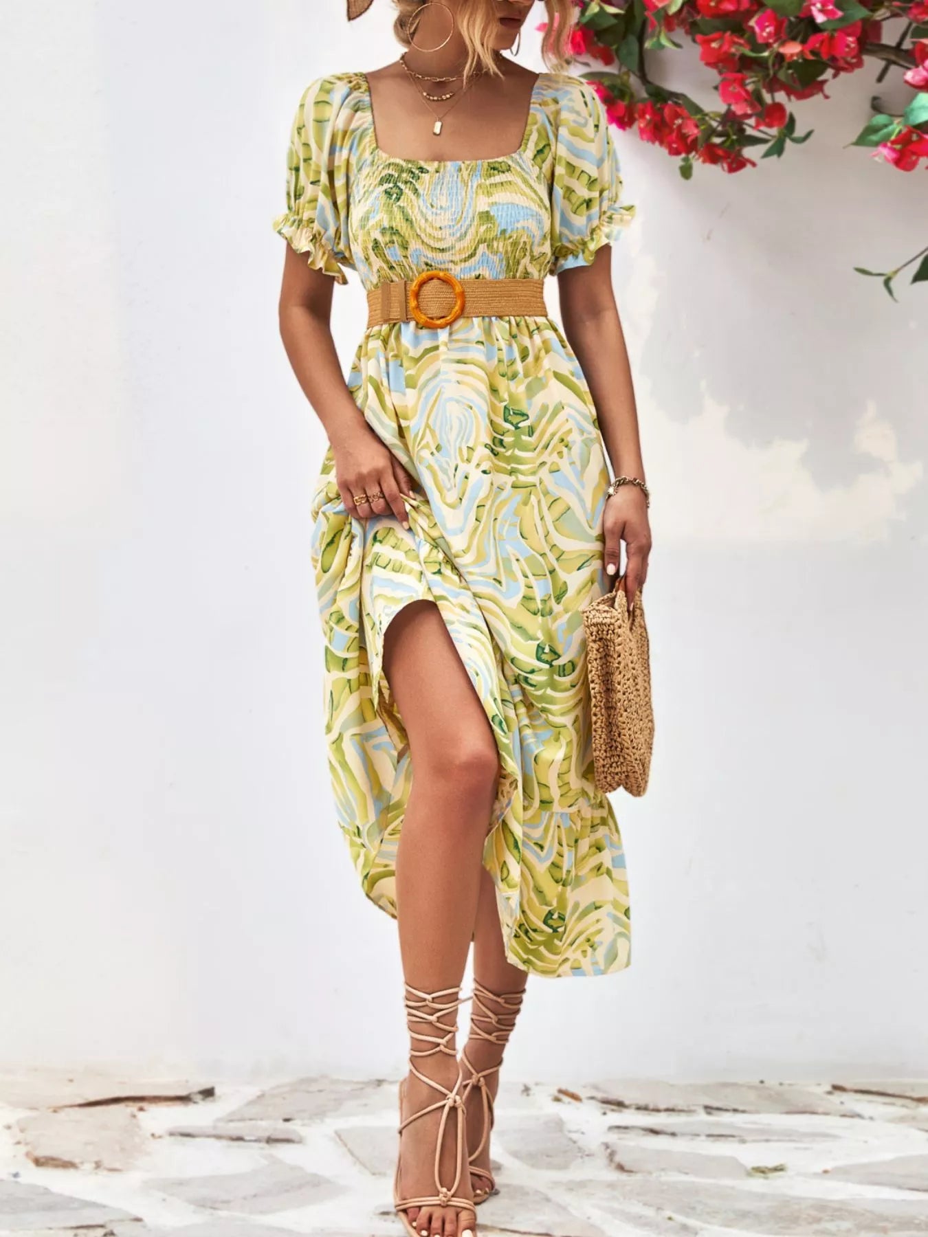Elegant Smocked Printed Puff Sleeve Midi Dress