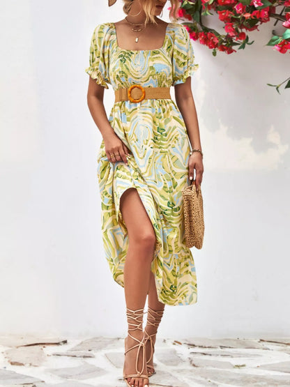 Elegant Smocked Printed Puff Sleeve Midi Dress