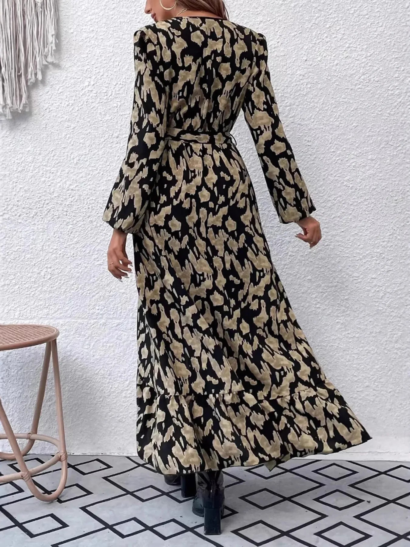 Leopard Print Surplice Balloon Sleeve Maxi Dress with Tie Waist