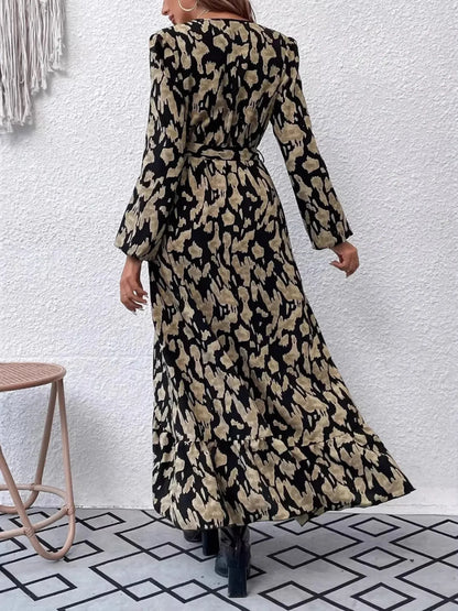 Leopard Print Surplice Balloon Sleeve Maxi Dress with Tie Waist