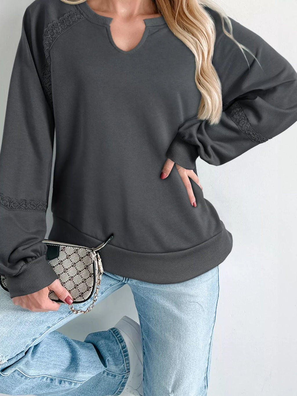 Mineral-Wash Sweatshirt with Lace Patchwork & Notched Neck