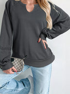 Mineral-Wash Sweatshirt with Lace Patchwork & Notched Neck