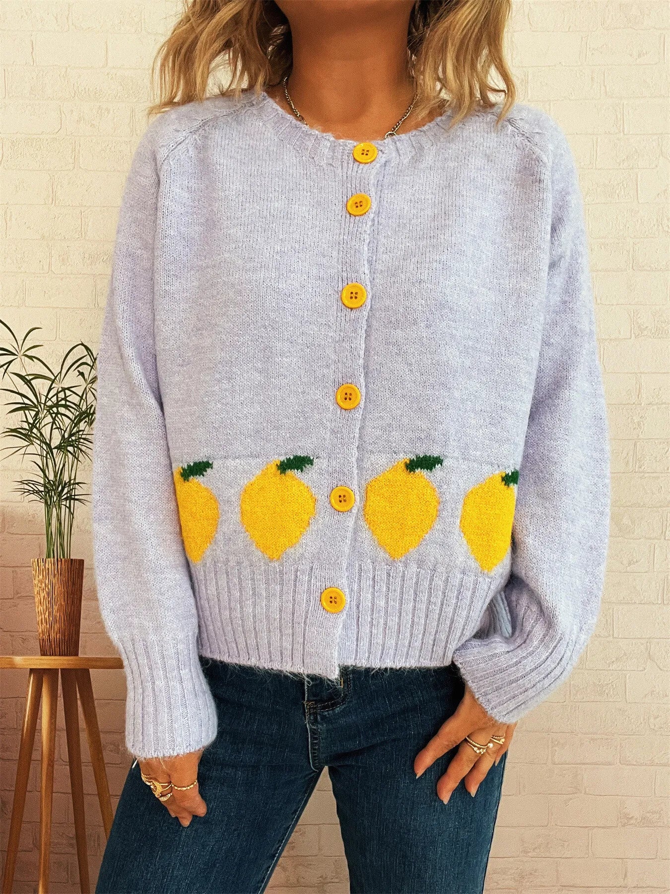 Chic Lemon Pattern Button-Up Cardigan – Playful Knitwear for Everyday Style Purple One size