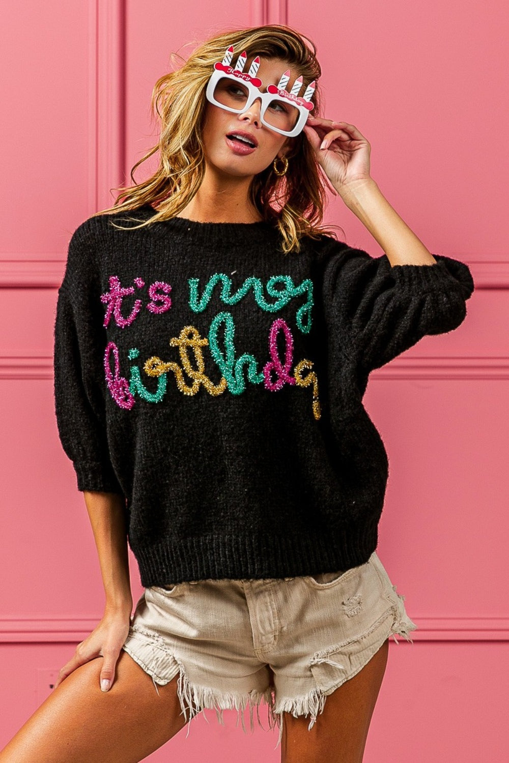 BiBi Metallic Letter Puff Sleeve Fuzzy Sweater Black