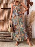 Paisley Print V-Neck Stretch Maxi Dress Red Turqoise