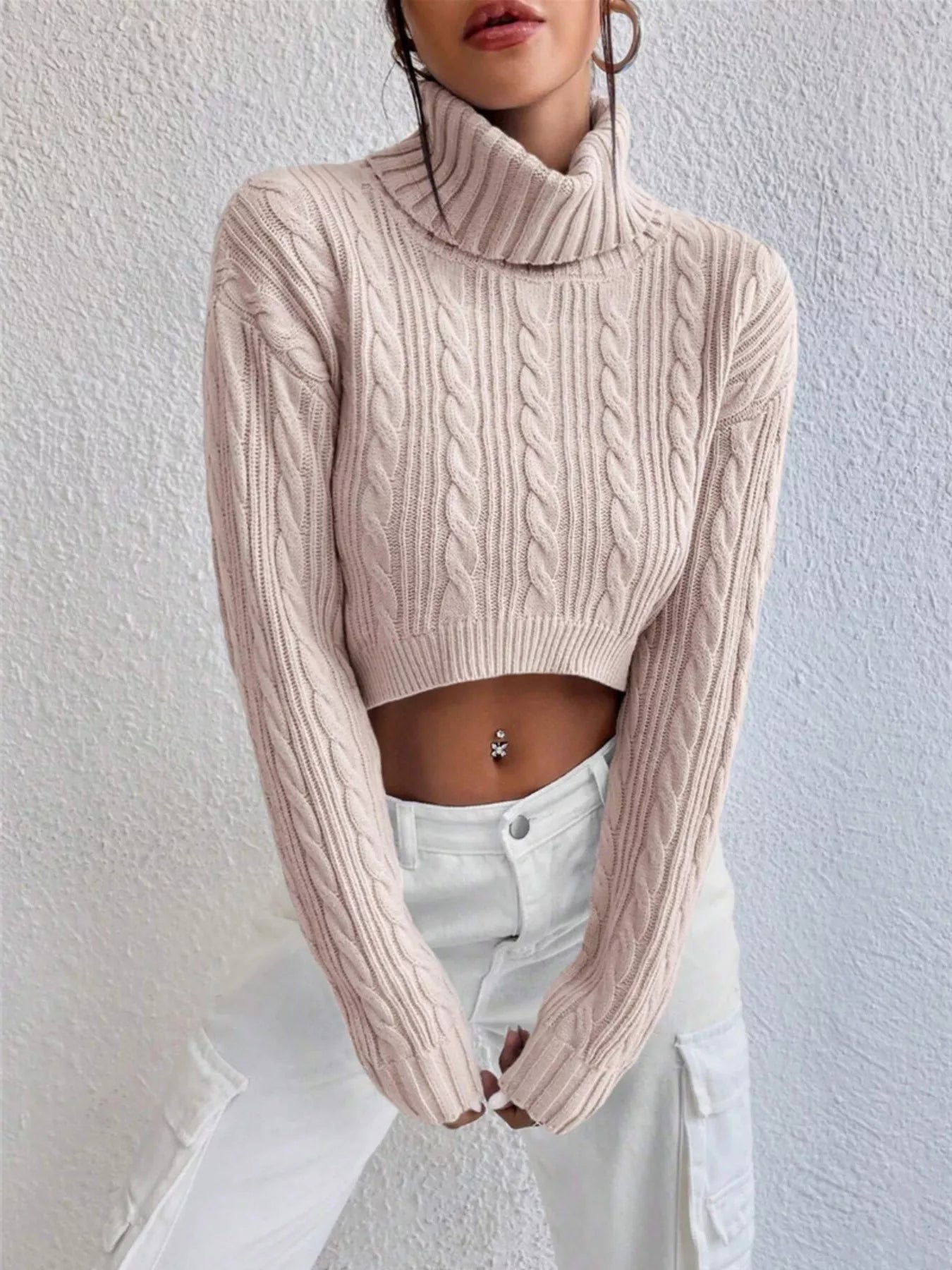 Cozy Cable-Knit Turtleneck Sweater with Long Sleeves Watermelon Pink