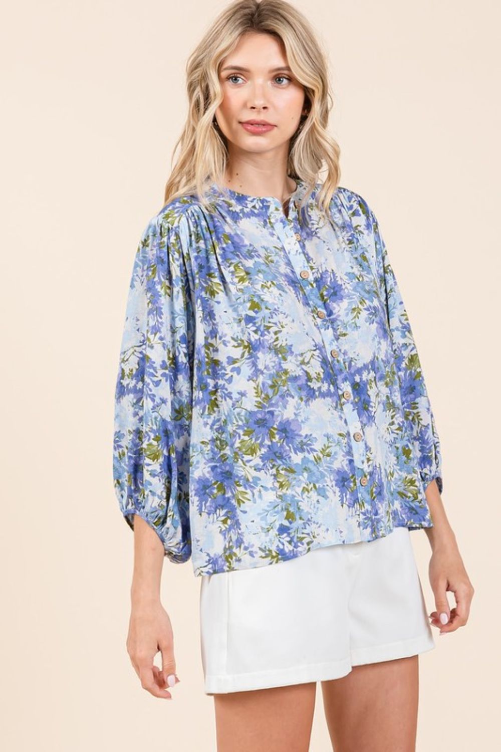 Mittoshop Floral Print Batwing Sleeve Button-Down Blouse