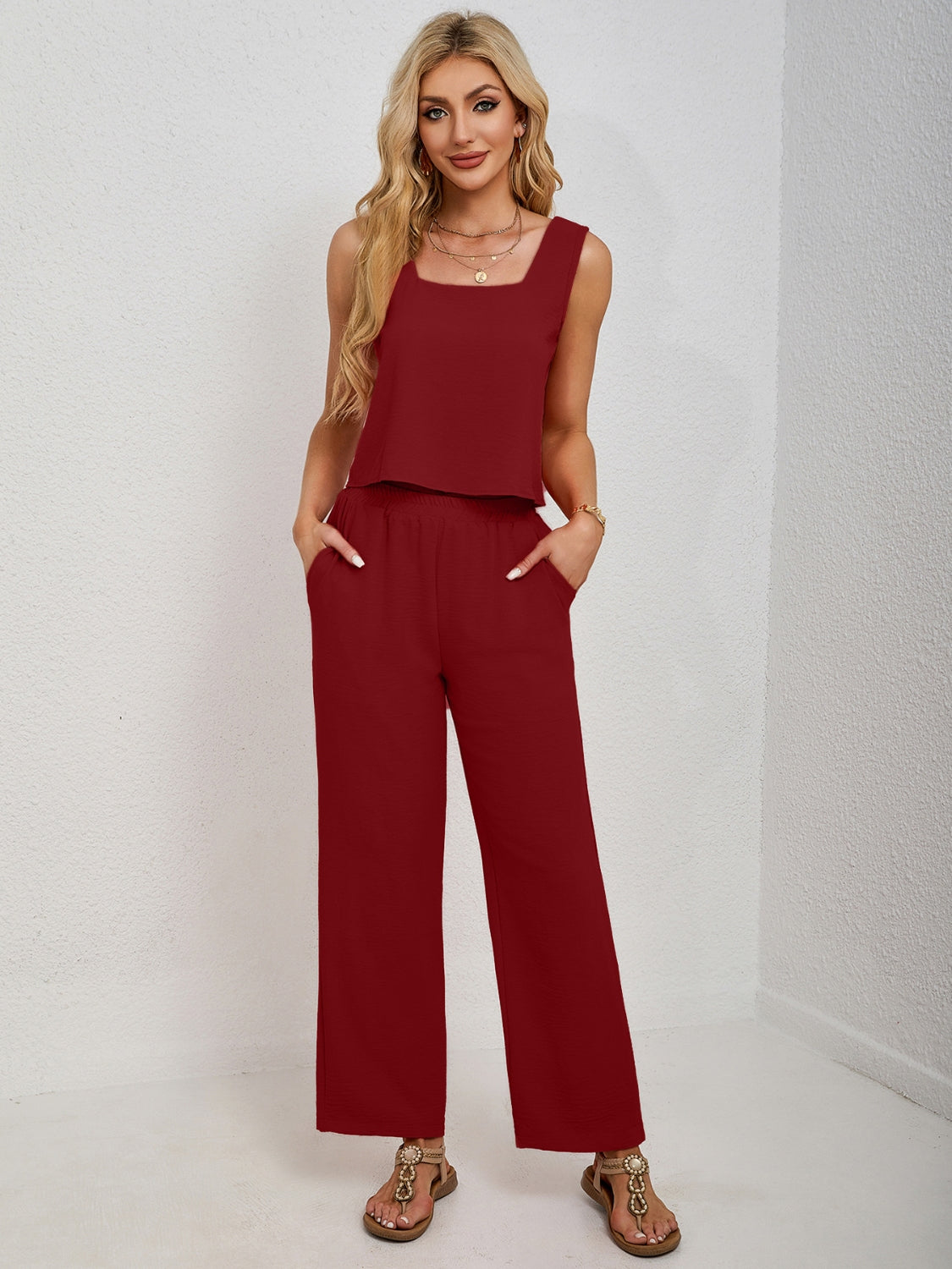 Square Neck Tank & Wide-Leg Pants Set - Chic & Versatile