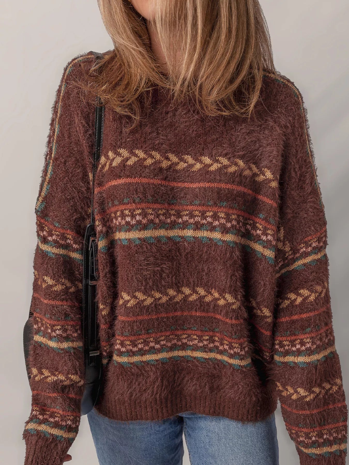 Ethnic Pattern Mohair Knit Oversized Drop Shoulder Sweater Brown