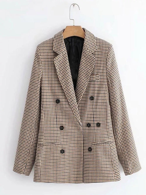 Plaid Double-Breasted Lapel Collar Blazer