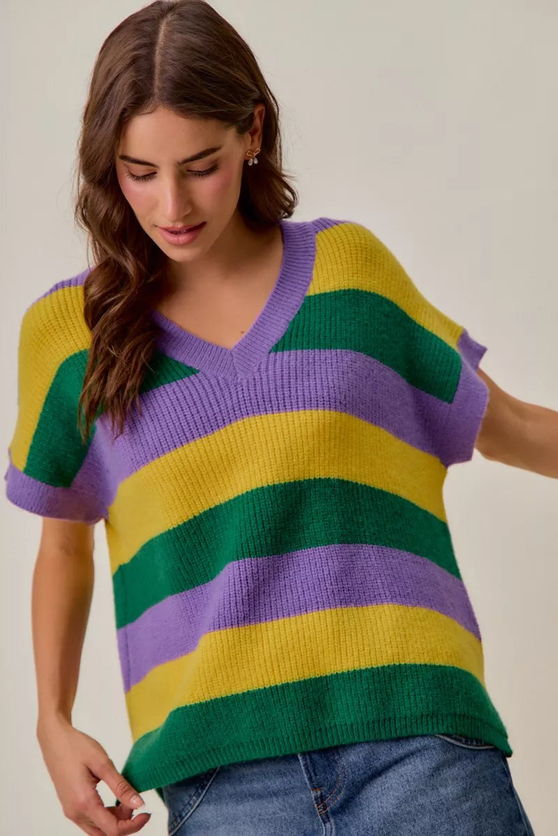SO ME Mardi Gras Loose-Fit V-Neck Striped Sweater Top